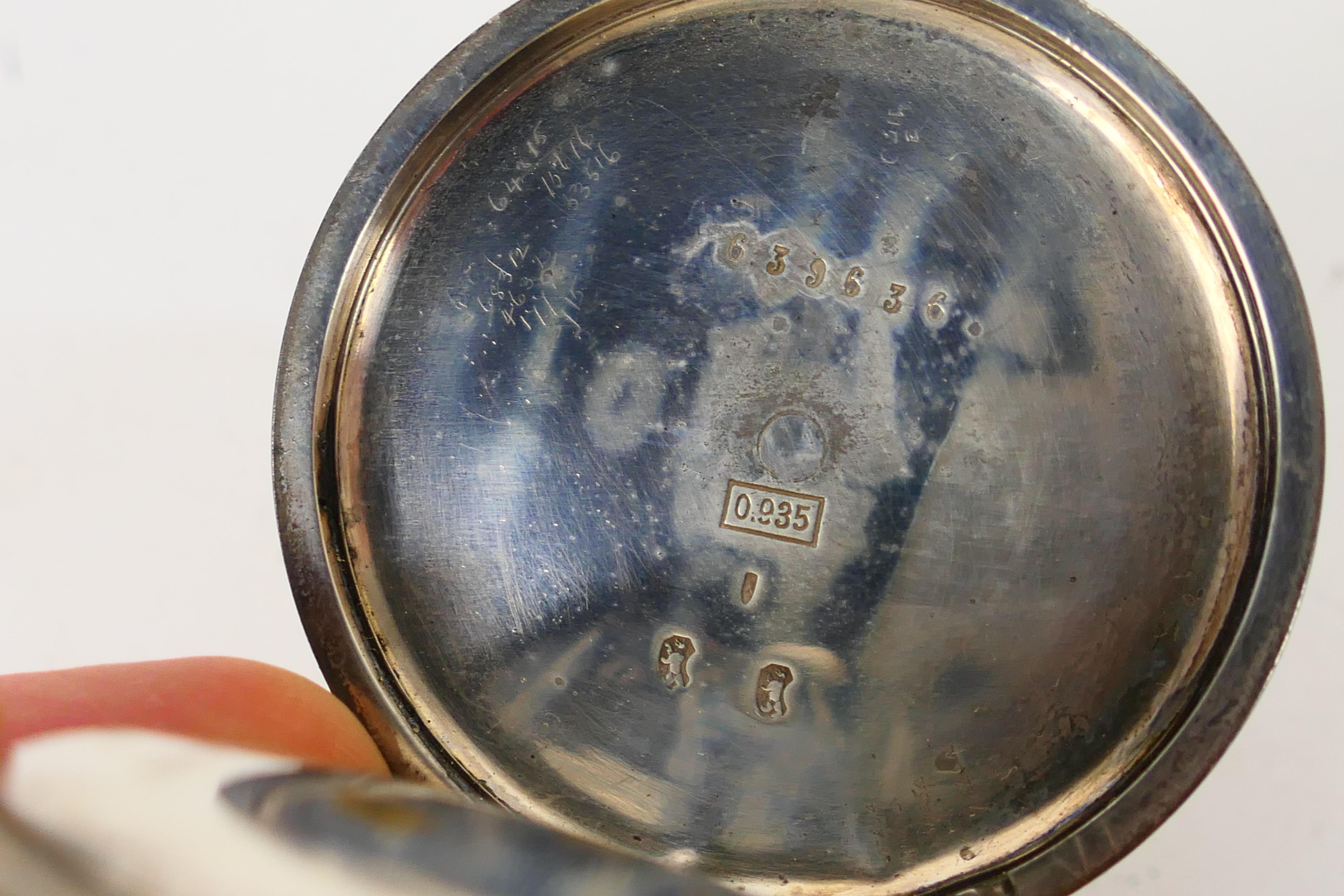 A Swiss silver (935 fineness) cased open face pocket watch, Roman numerals to a white enamel dial, - Image 5 of 6