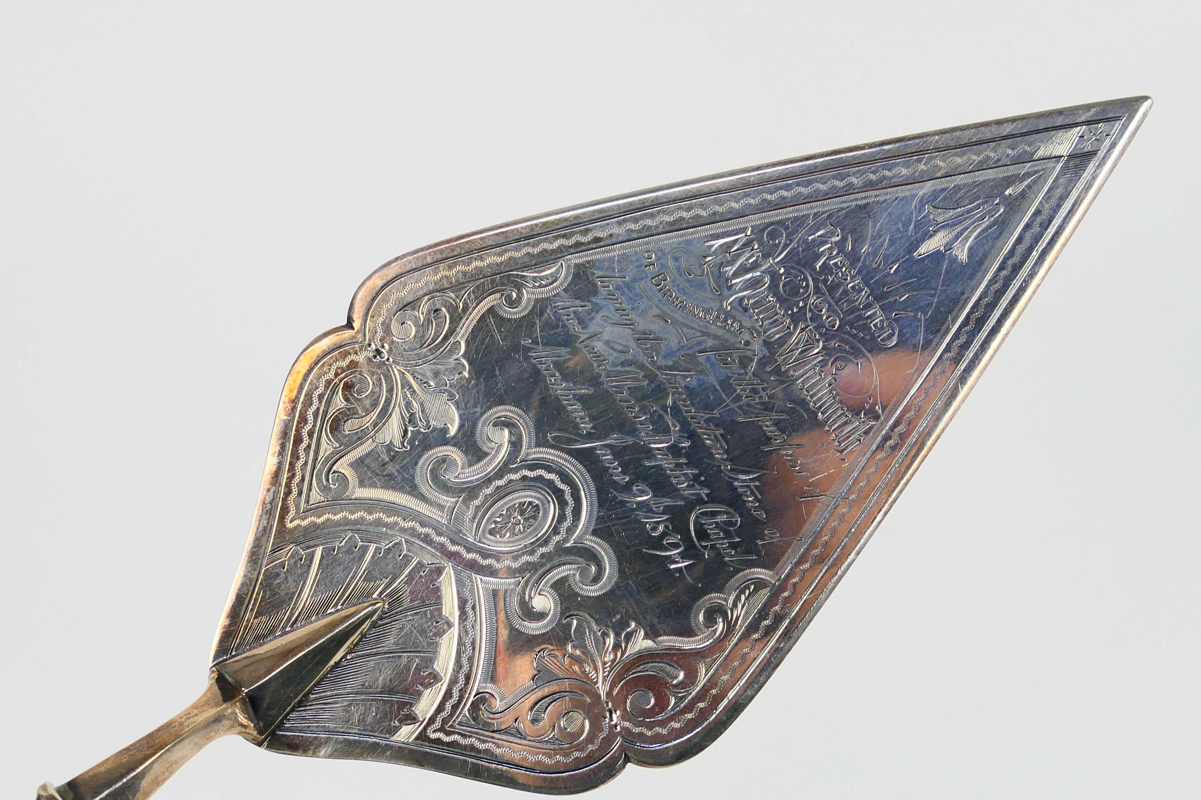 A Victorian silver plated presentation trowel engraved Presented To Mr Henry Whitworth Of - Image 2 of 7