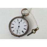 A Swiss silver (935 fineness) cased open face pocket watch, Roman numerals to a white enamel dial,