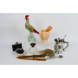 Lot to include plated ware, Murano glass bird, dressing table bottle (A/F), hip flask and other.