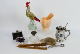 Lot to include plated ware, Murano glass bird, dressing table bottle (A/F), hip flask and other.