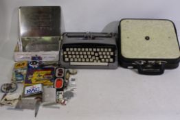 Mixed collectables to include penknives, car badges, Robertsons advertising patches, hip flask,