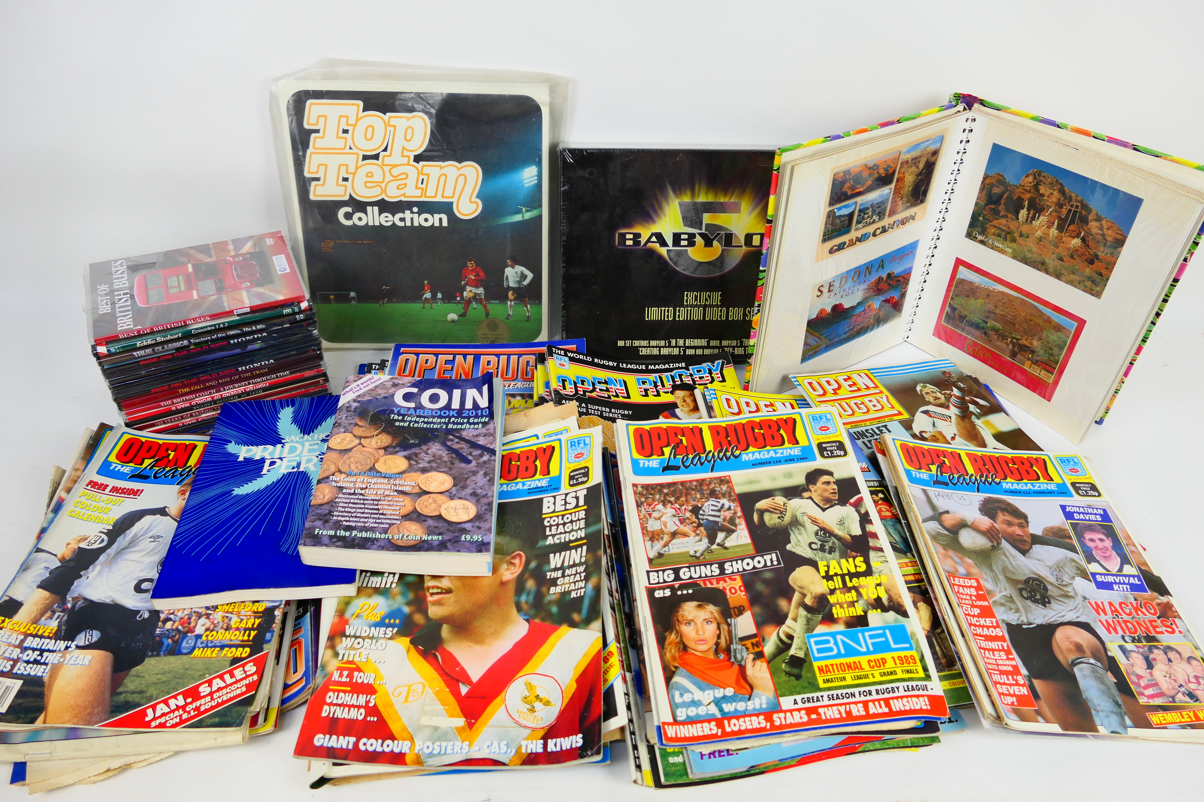 Lot to include postcards, rugby league ephemera, transport related DVDs and other.