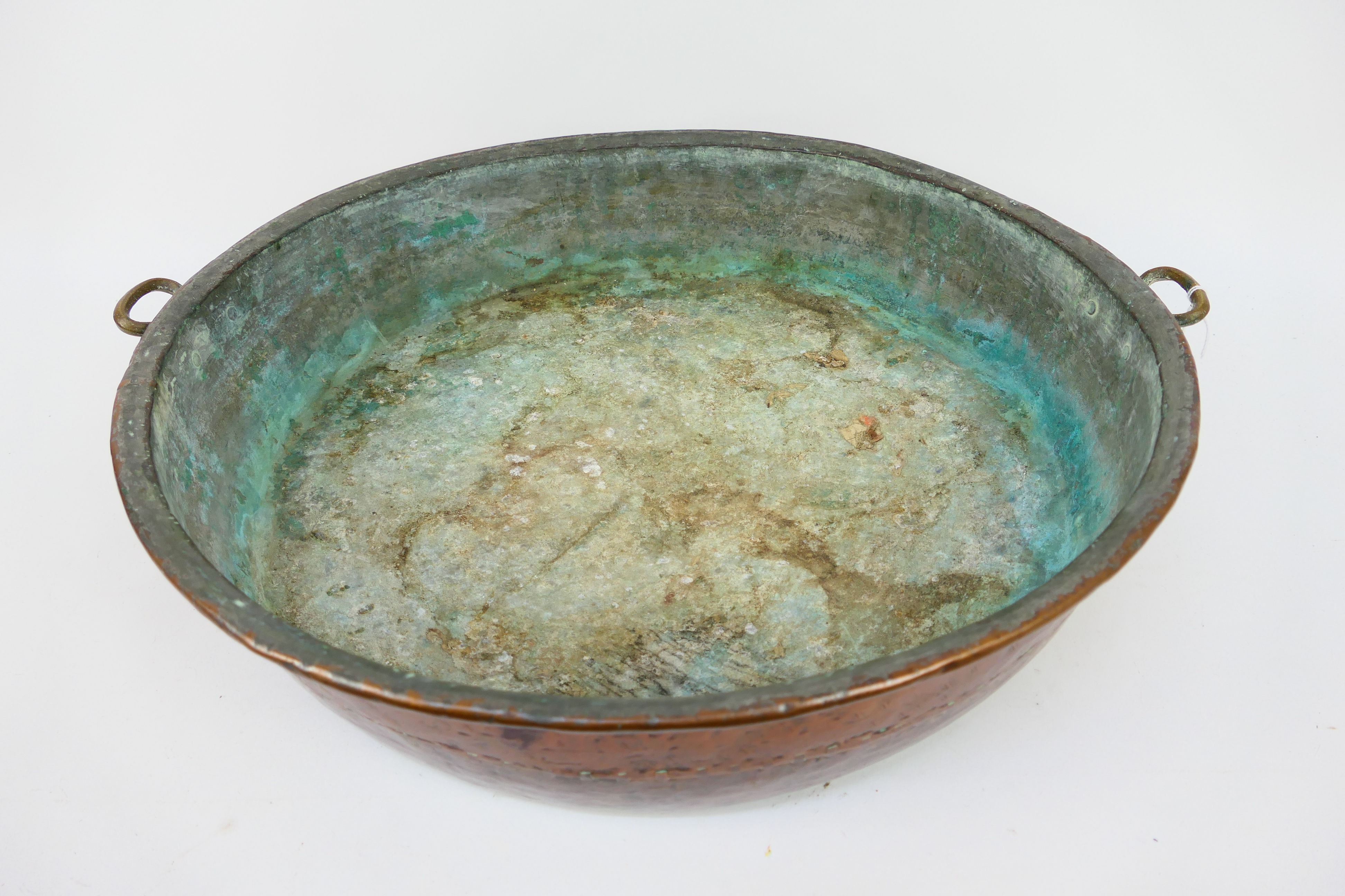 A large, antique, twin handled copper bowl, - Image 3 of 4