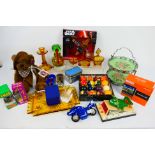 A mixed lot to include glassware, toys, Star Wars watch, pool balls and other.