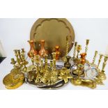 Mixed metal ware, predominantly copper and brass to include candlesticks, trays, jugs and other.