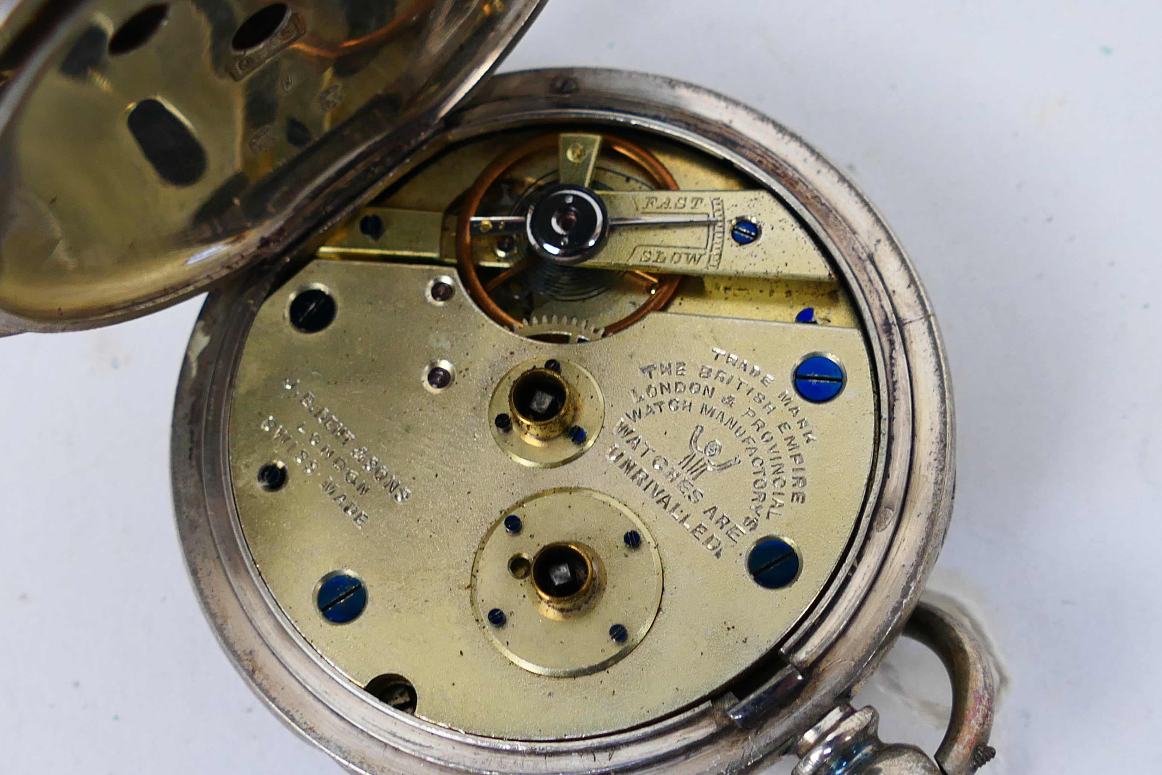 A Swiss silver (935 fineness) cased open face pocket watch, Roman numerals to a white enamel dial, - Image 6 of 6