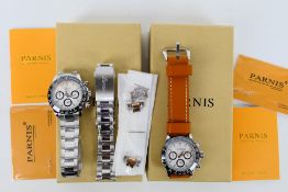 Two boxed Parnis wrist watches, with paperwork. [2].