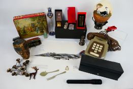 Mixed collectables to include plated ware, coins, vintage cigarette lighters and telephone,