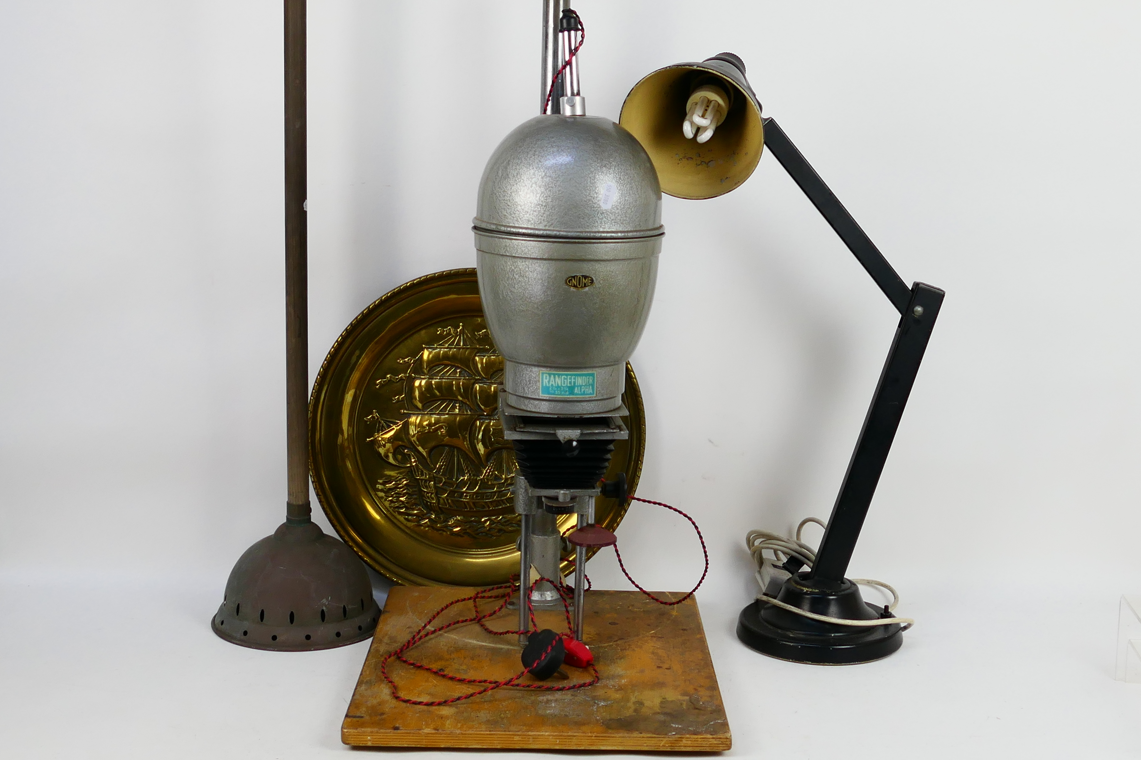 Lot to include a photographic enlarger, washing dolly, anglepoise style light and other.