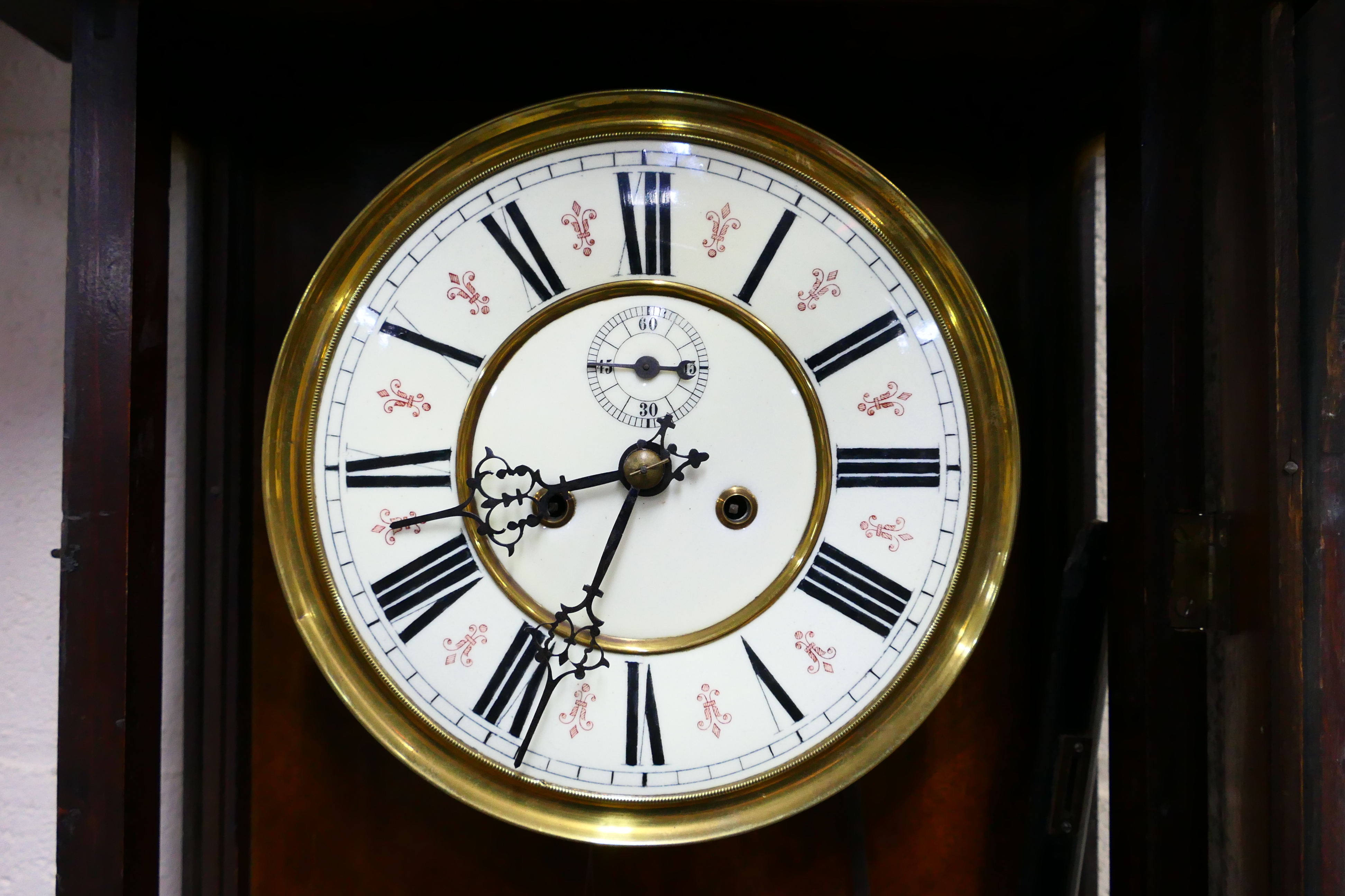 A Vienna style wall clock, walnut veneered case with opening, glazed door, - Image 5 of 7