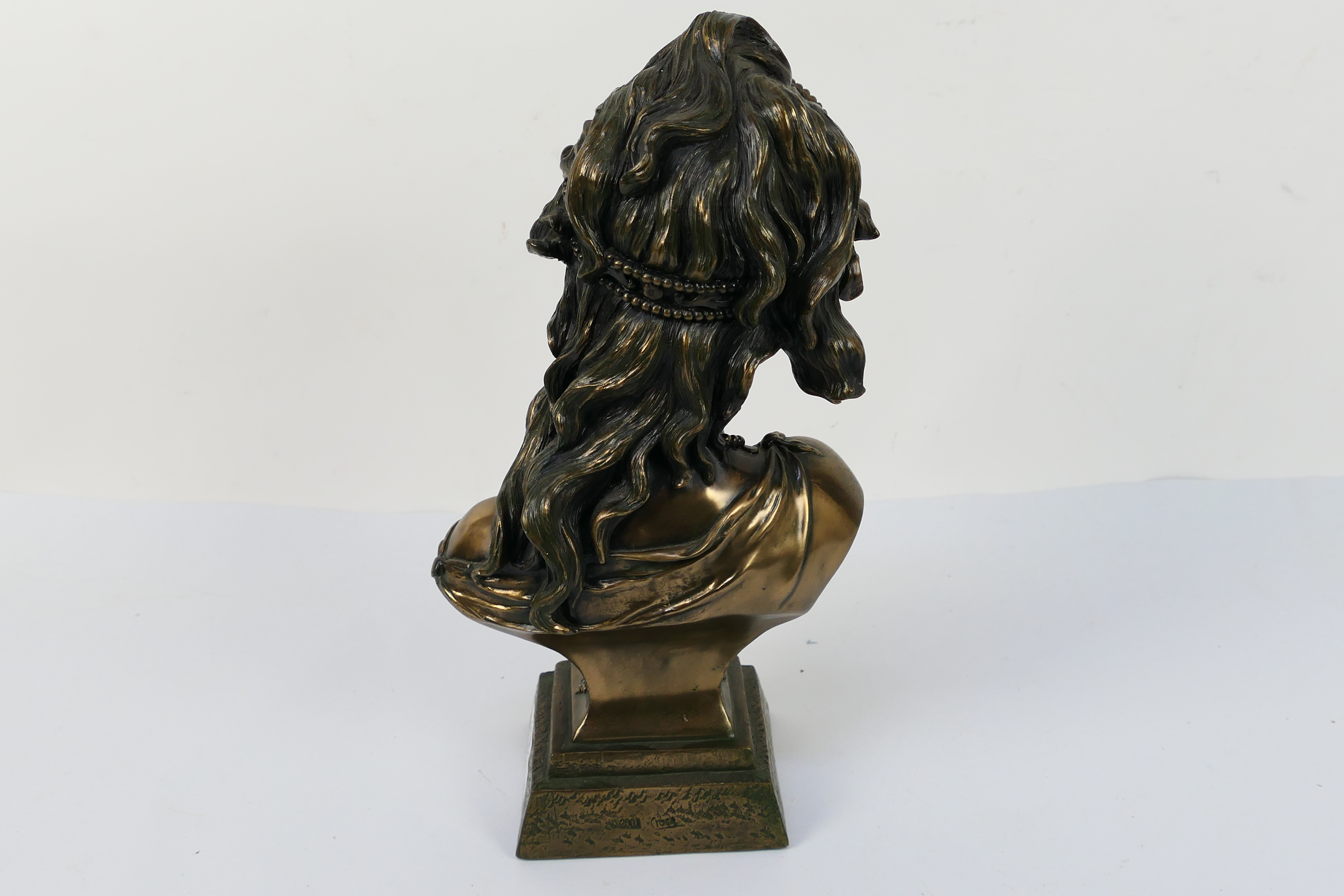 A bronzed bust depicting a female, signed Crosa 2001, approximately 32 cm (h). - Image 5 of 6