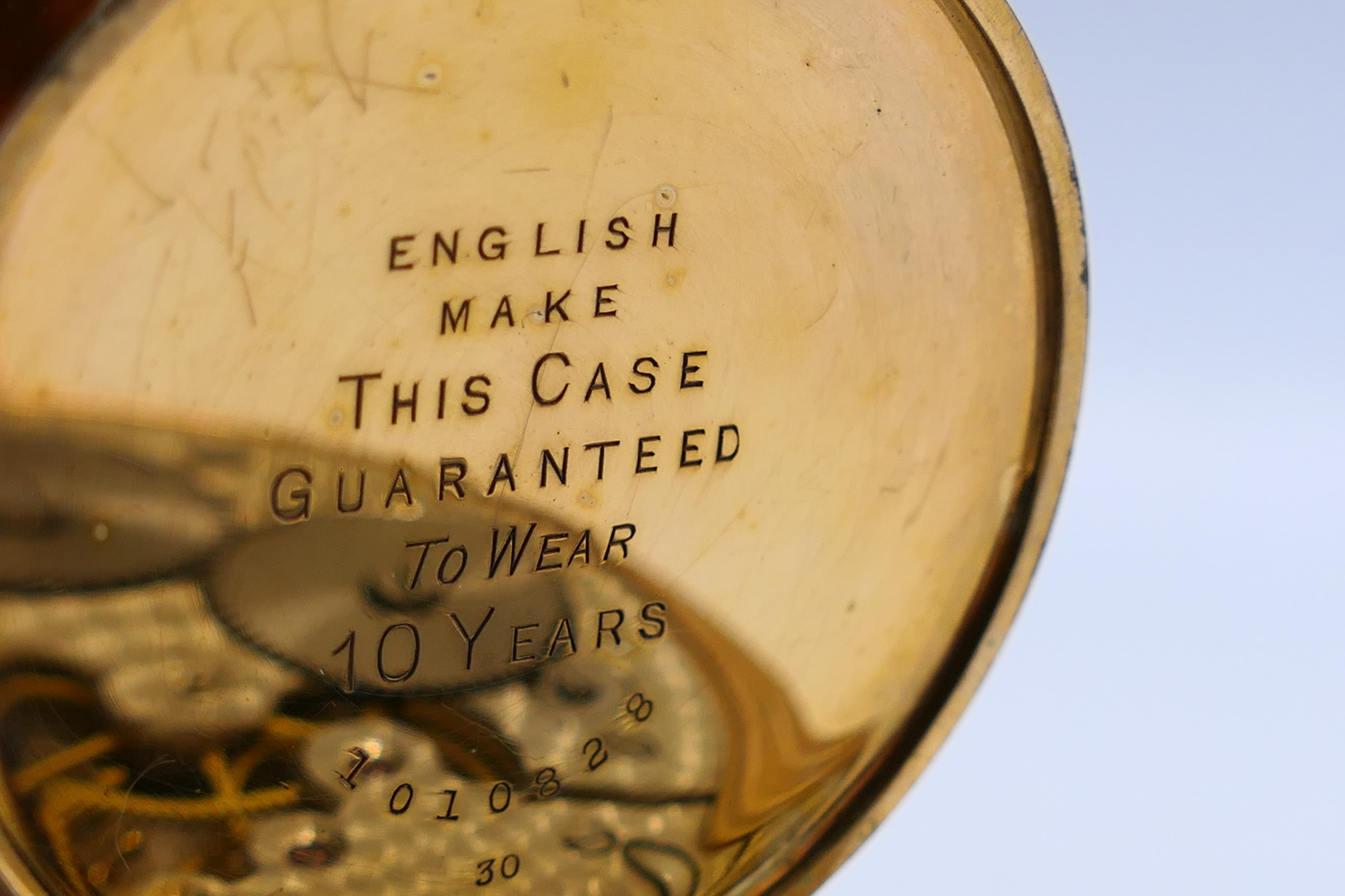 A gold plated open face pocket watch, Arabic numerals to a white enamel dial, - Image 6 of 8