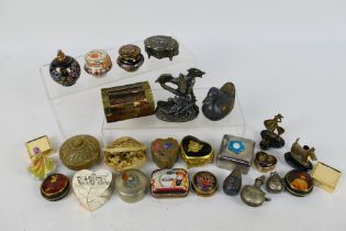 Small collectables to include trinket boxes, pill boxes, pewter dragon figure,