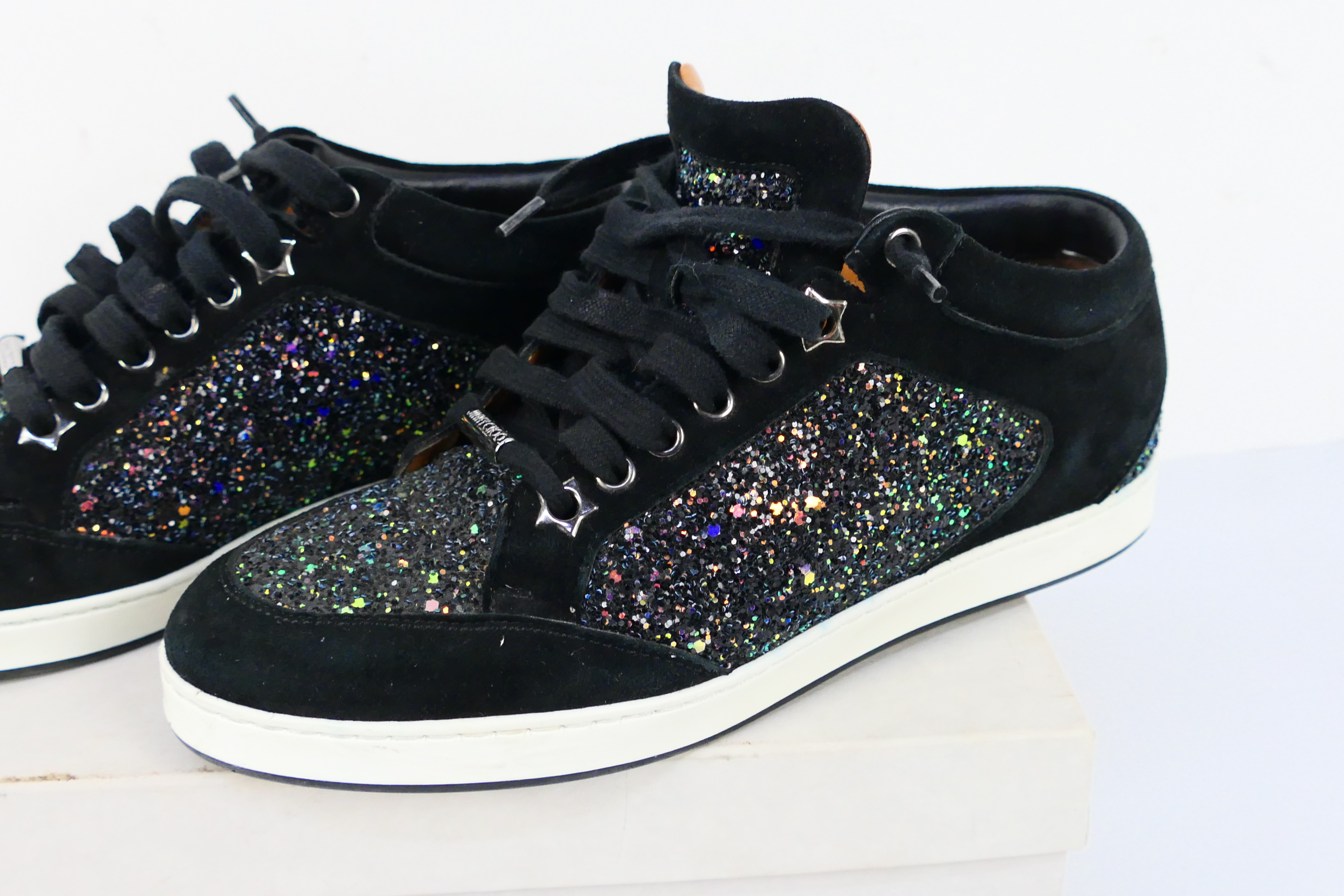 A pair of Jimmy Choo Miami trainers, black with rainbow glitter, size 37. - Image 3 of 8