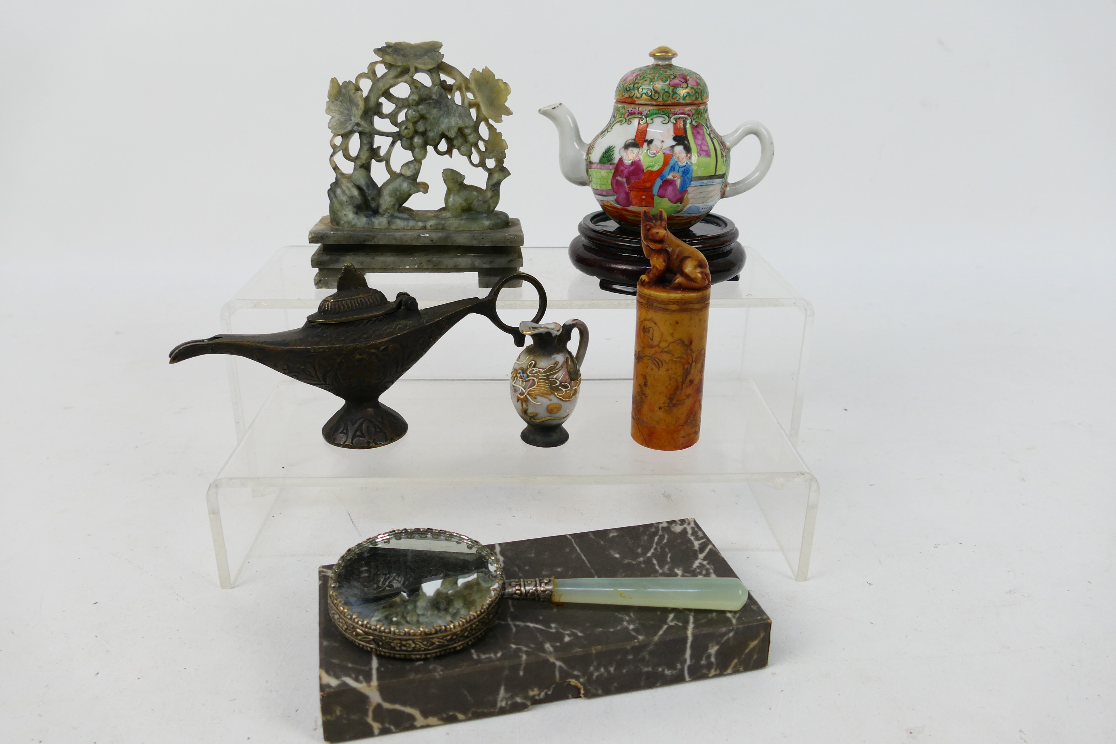 A group of Asian items to include soapstone seal, small ceramic teapot,