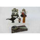 A group of Asian items to include soapstone seal, small ceramic teapot,
