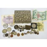 A small white metal lidded chest containing a quantity of UK pre decimal coins to include a