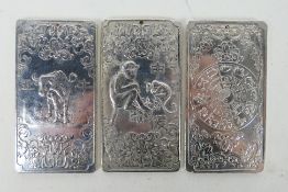 Three Chinese white metal trade tokens / plaques with zodiac decoration to each side,