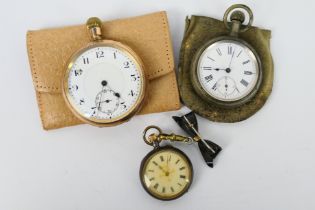 Three pocket watches comprising a gold plated open face example,