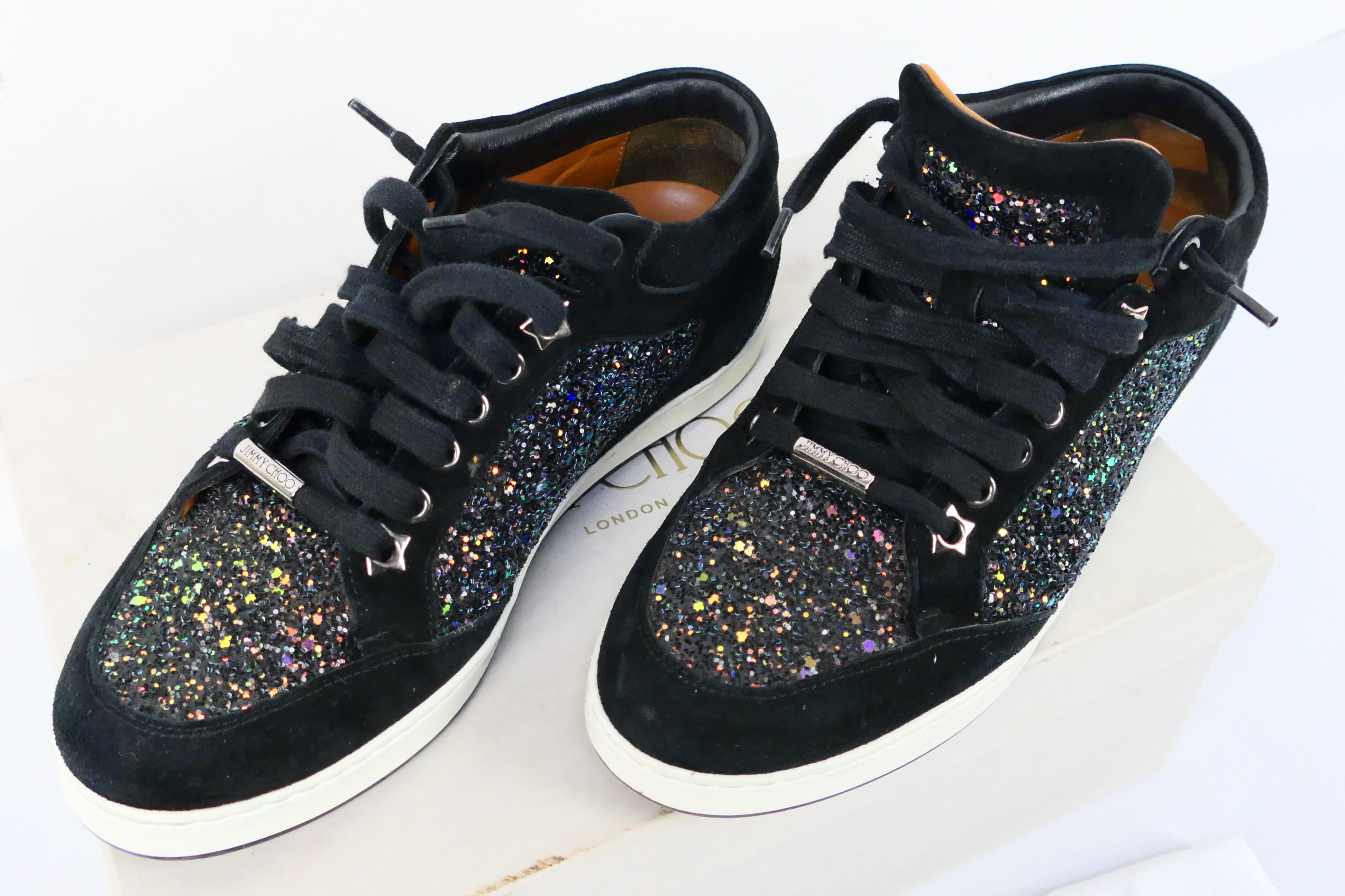 A pair of Jimmy Choo Miami trainers, black with rainbow glitter, size 37. - Image 4 of 8