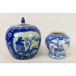 A blue and white vase of squat meiping form decorated with birds and flowers and a large blue and