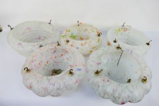 A collection of glass ceiling lights, marbled glass, floral decorated. [2].
