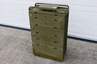 A vintage US Army metal medical cabinet having seven drawers, approximately 77 cm x 46 cm x 26 cm.