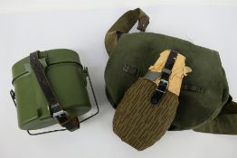 Militaria to include a German canvas bread bag, mess tin and water bottle. [2].