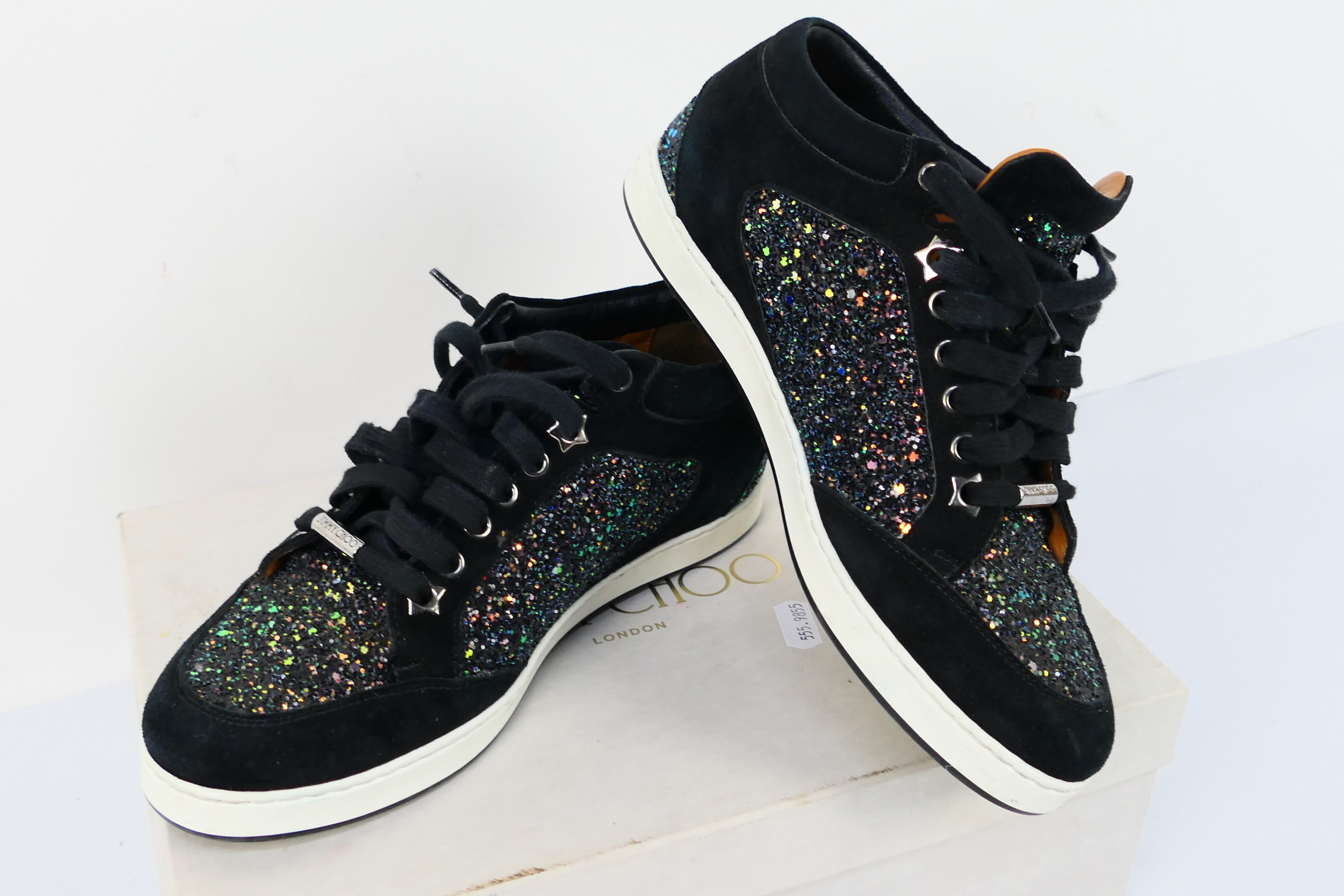 A pair of Jimmy Choo Miami trainers, black with rainbow glitter, size 37. - Image 2 of 8