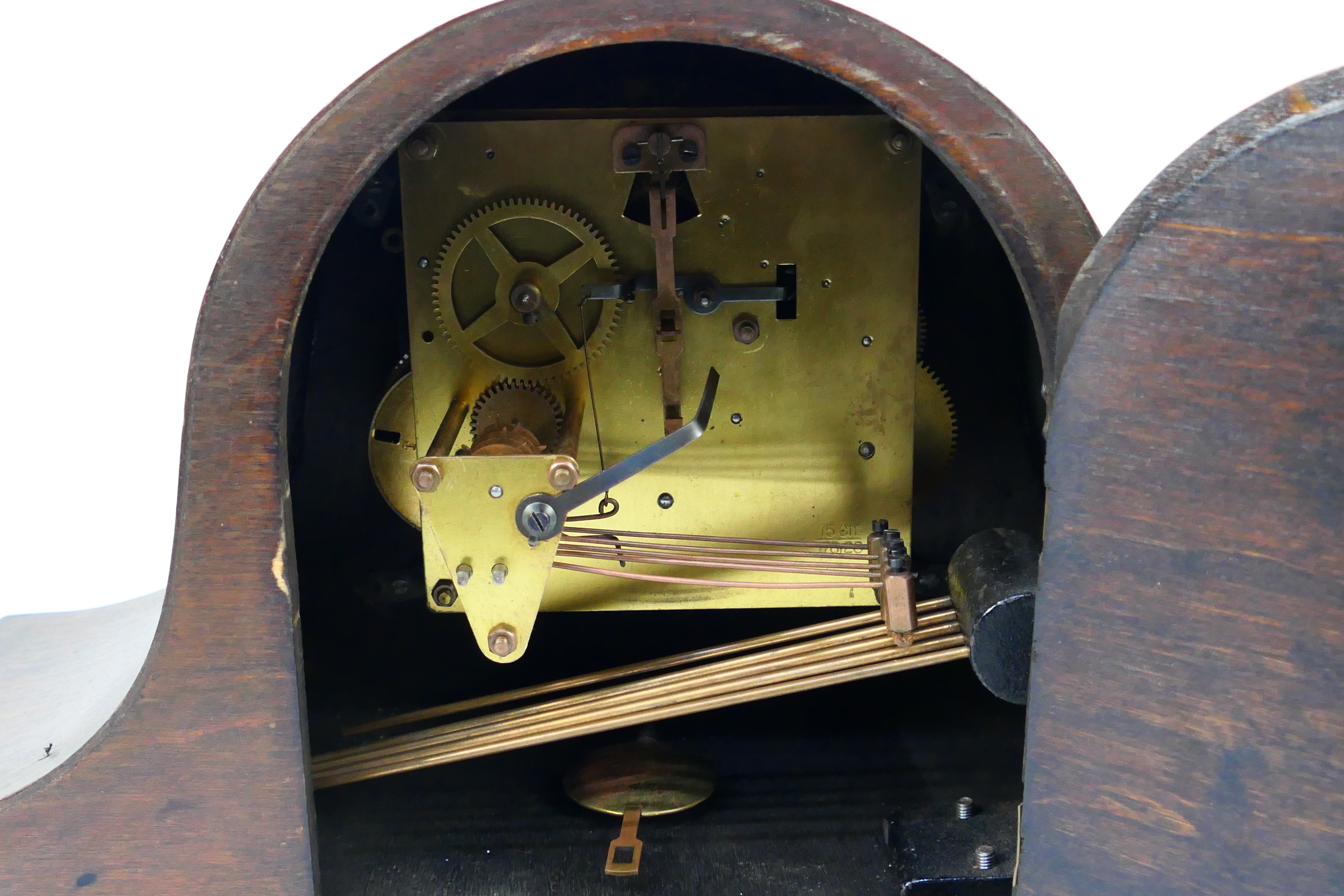 A Napoleons hat mantel clock with key and pendulum. - Image 3 of 3