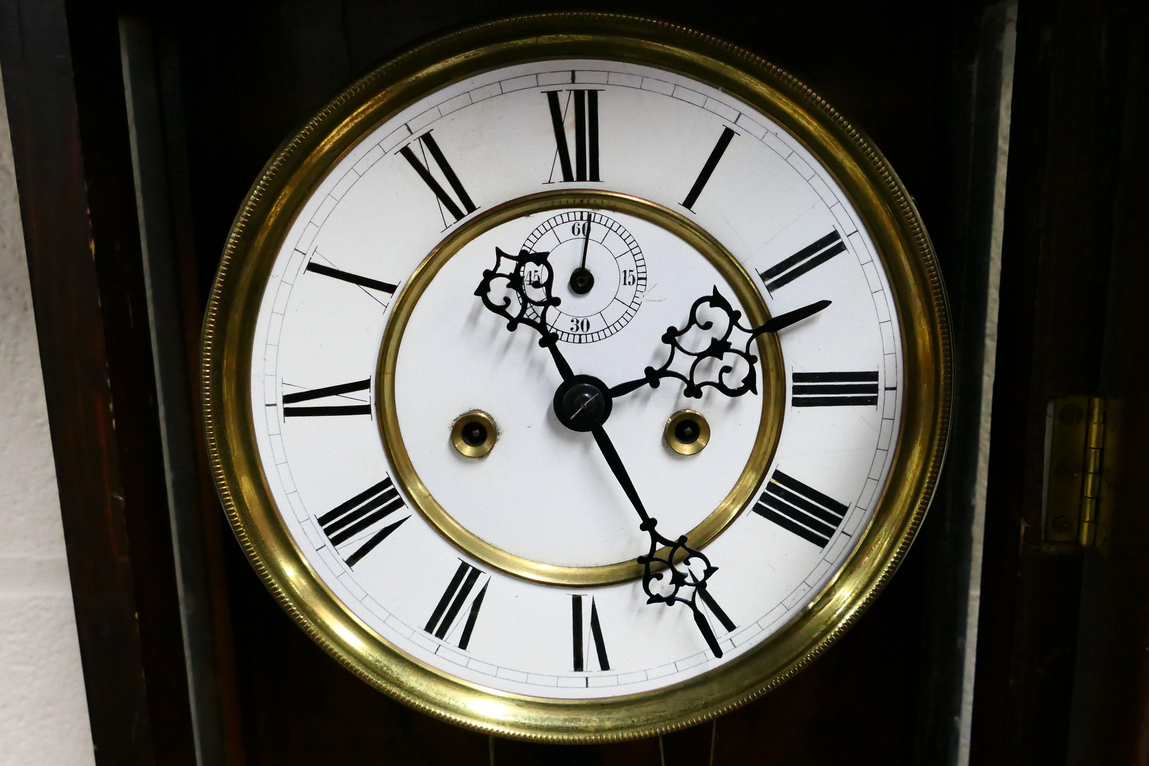 A Vienna style wall clock, walnut case with opening, glazed door, flanked by turned reeded columns, - Image 4 of 6