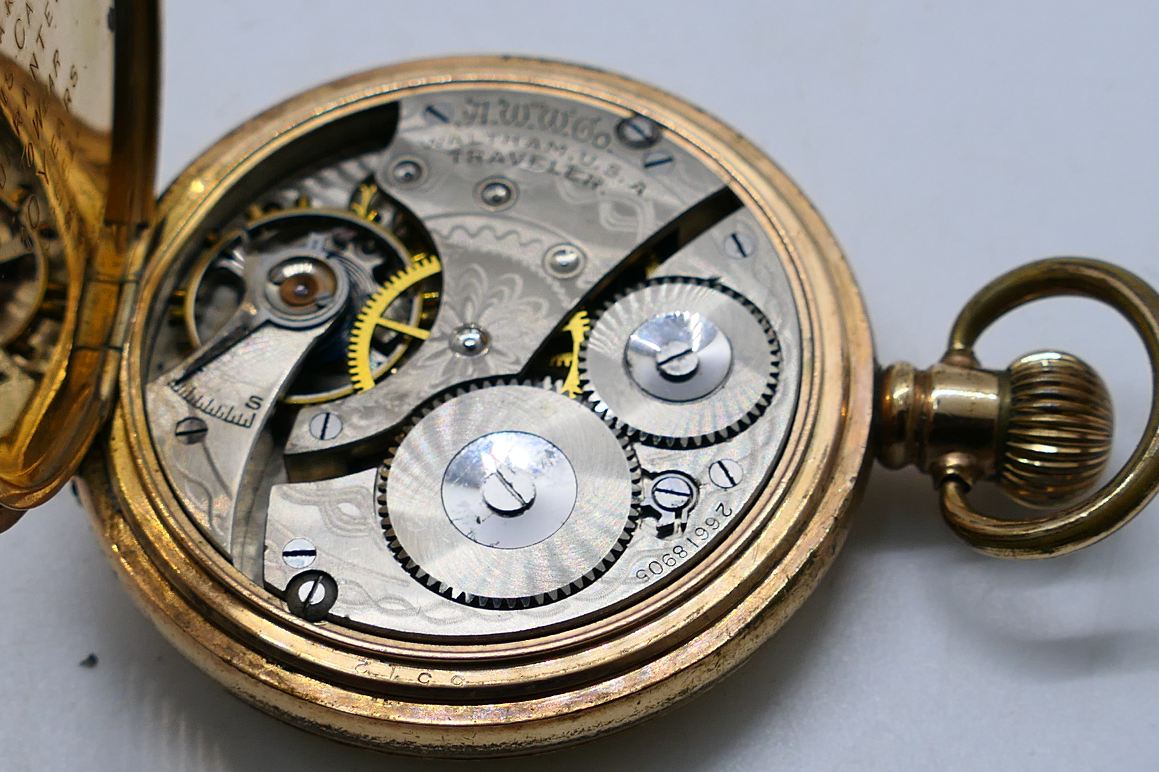 A gold plated full hunter Waltham pocket watch, Roman numerals to a white enamel dial, - Image 6 of 10