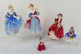 Five Royal Doulton lady figures, three larger and two miniature to include # HN3316, # HN3212,