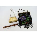 A vintage beadwork purse, a silver plated coin purse and a Crescent Knitting Pin case.