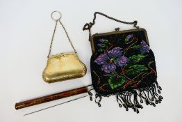 A vintage beadwork purse, a silver plated coin purse and a Crescent Knitting Pin case.