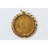 A Gold half Sovereign - Victoria c 1899 in yellow metal mount, the mount presumed 9ct,