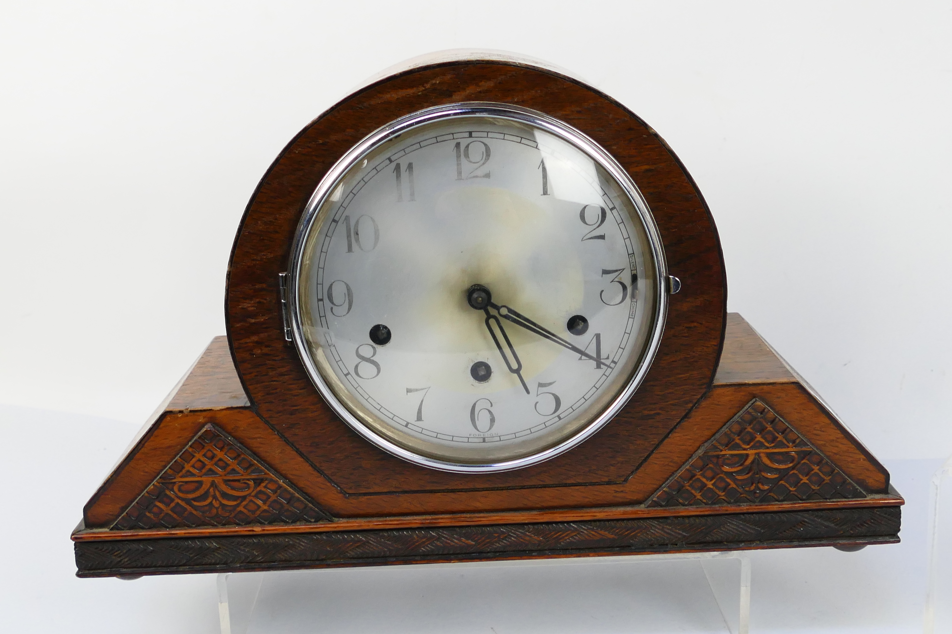 A Napoleon Hat oak cased mantel clock, Haller movement, Arabic numerals on a silvered dial, - Image 2 of 7