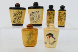 A grouping of bone and horn snuff bottles, four decorated with erotic scenes. [W].