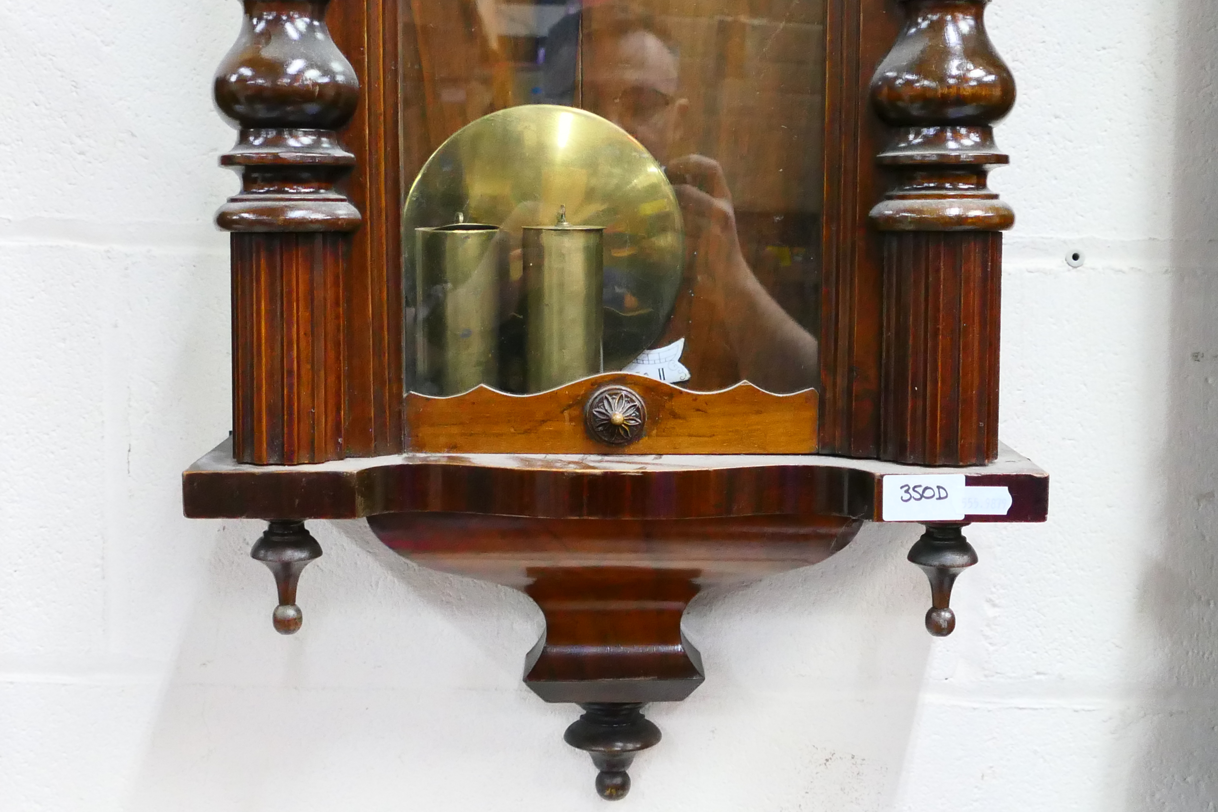 A Vienna style wall clock, walnut case with opening, glazed door, flanked by turned reeded columns, - Image 3 of 6