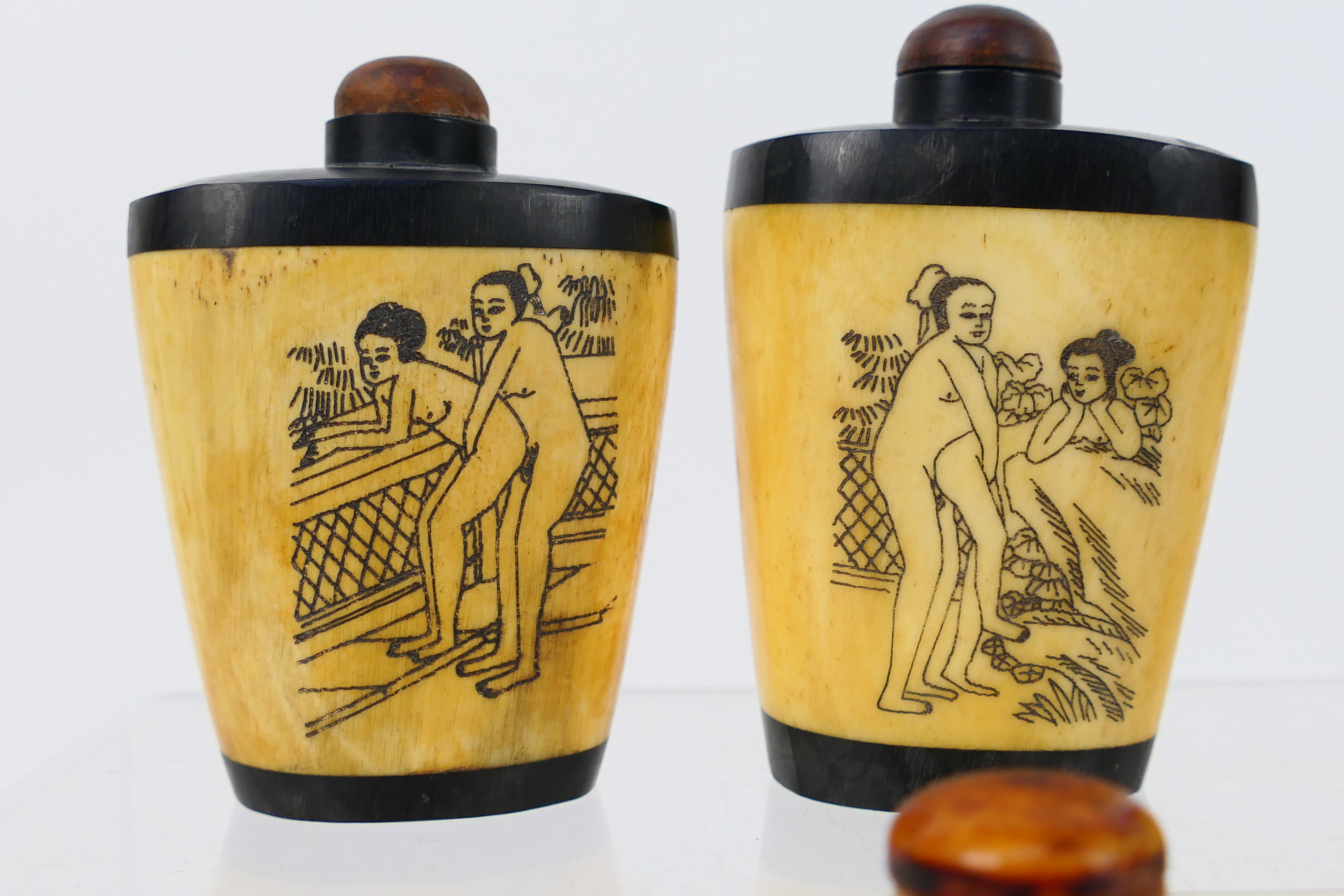 A grouping of bone and horn snuff bottles, four decorated with erotic scenes. [W]. - Image 3 of 7