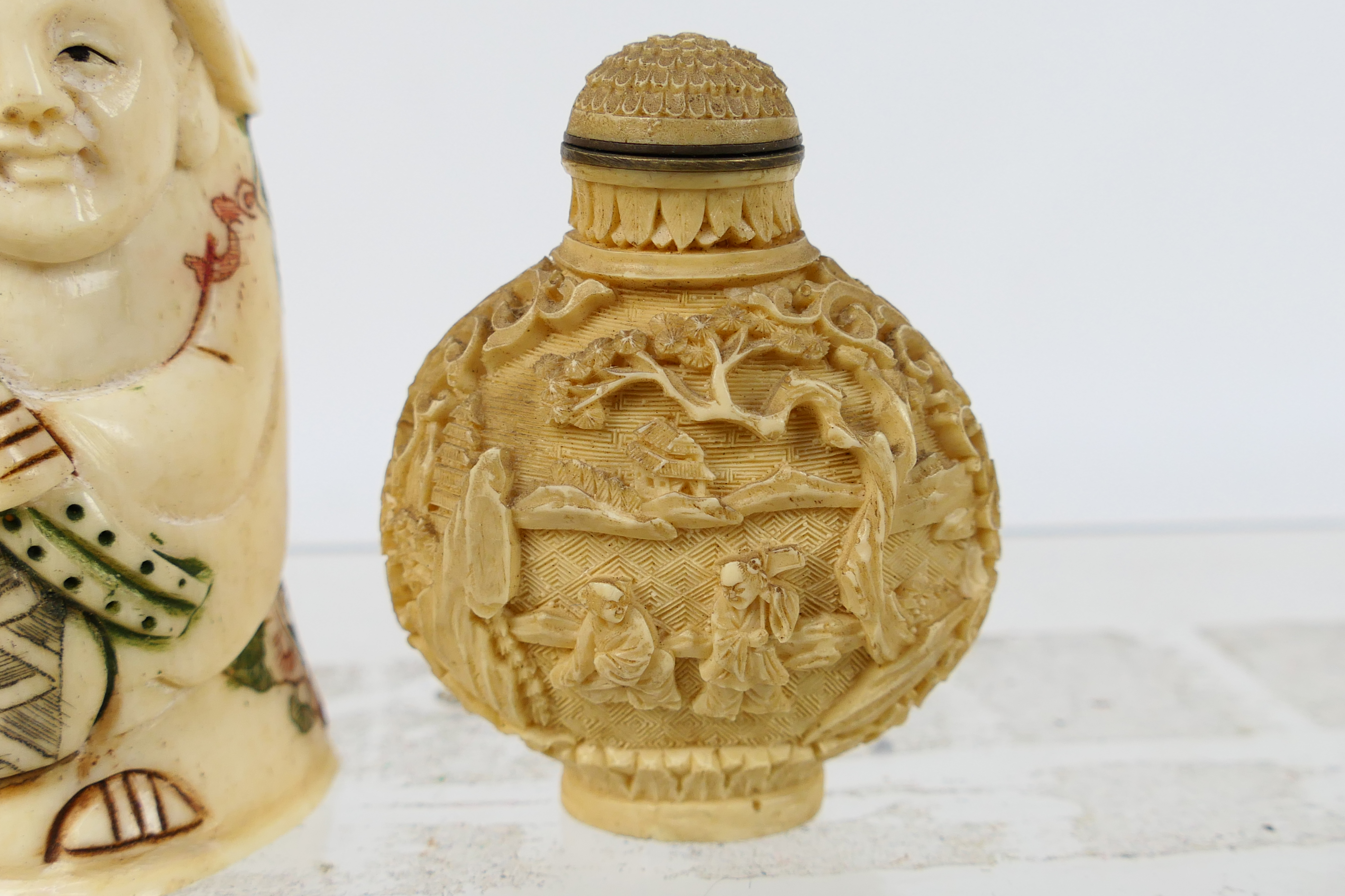 A carved bone snuff bottle in the form of a sage, 9 cm (h) and one other. - Image 2 of 7