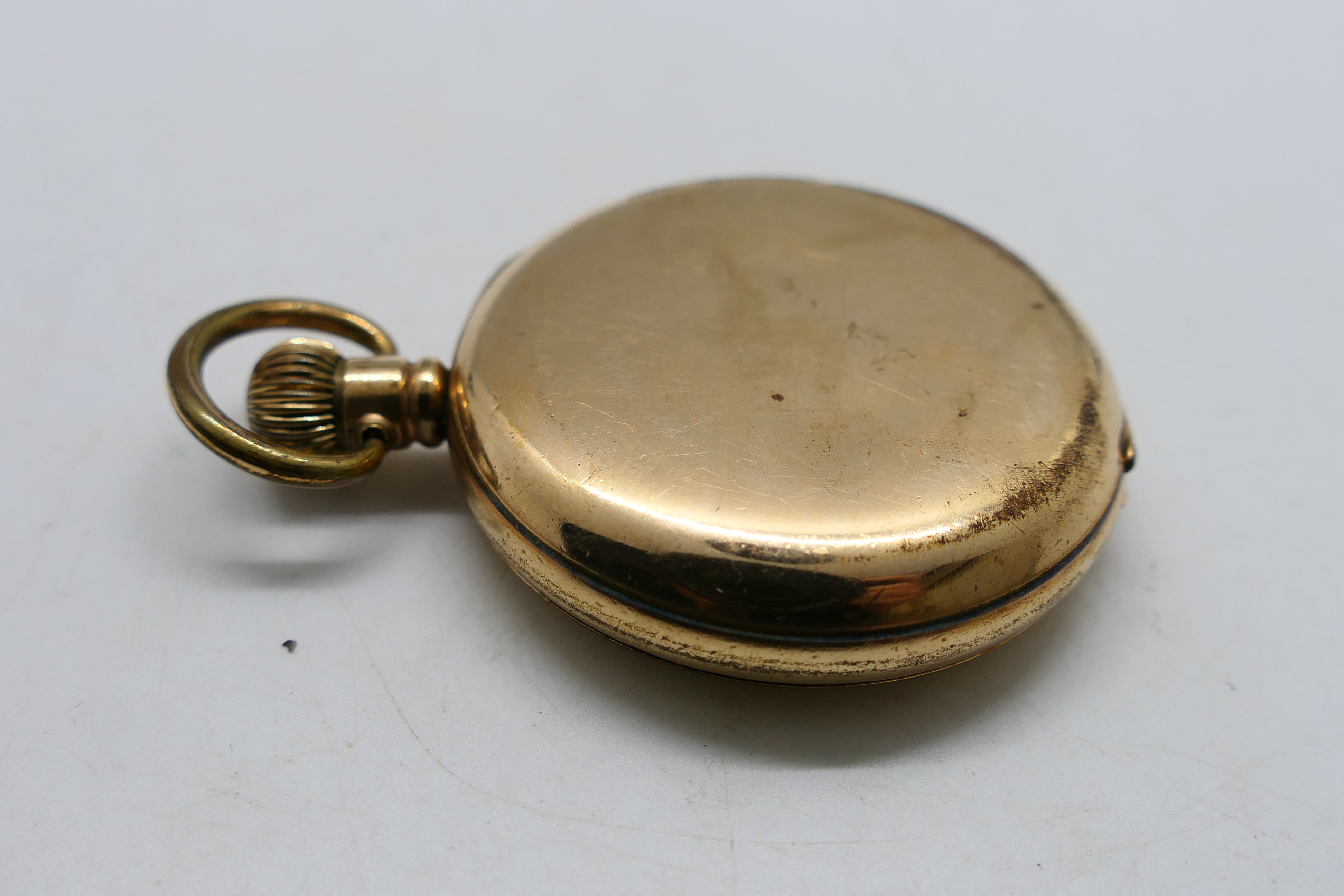 A gold plated full hunter Waltham pocket watch, Roman numerals to a white enamel dial, - Image 10 of 10