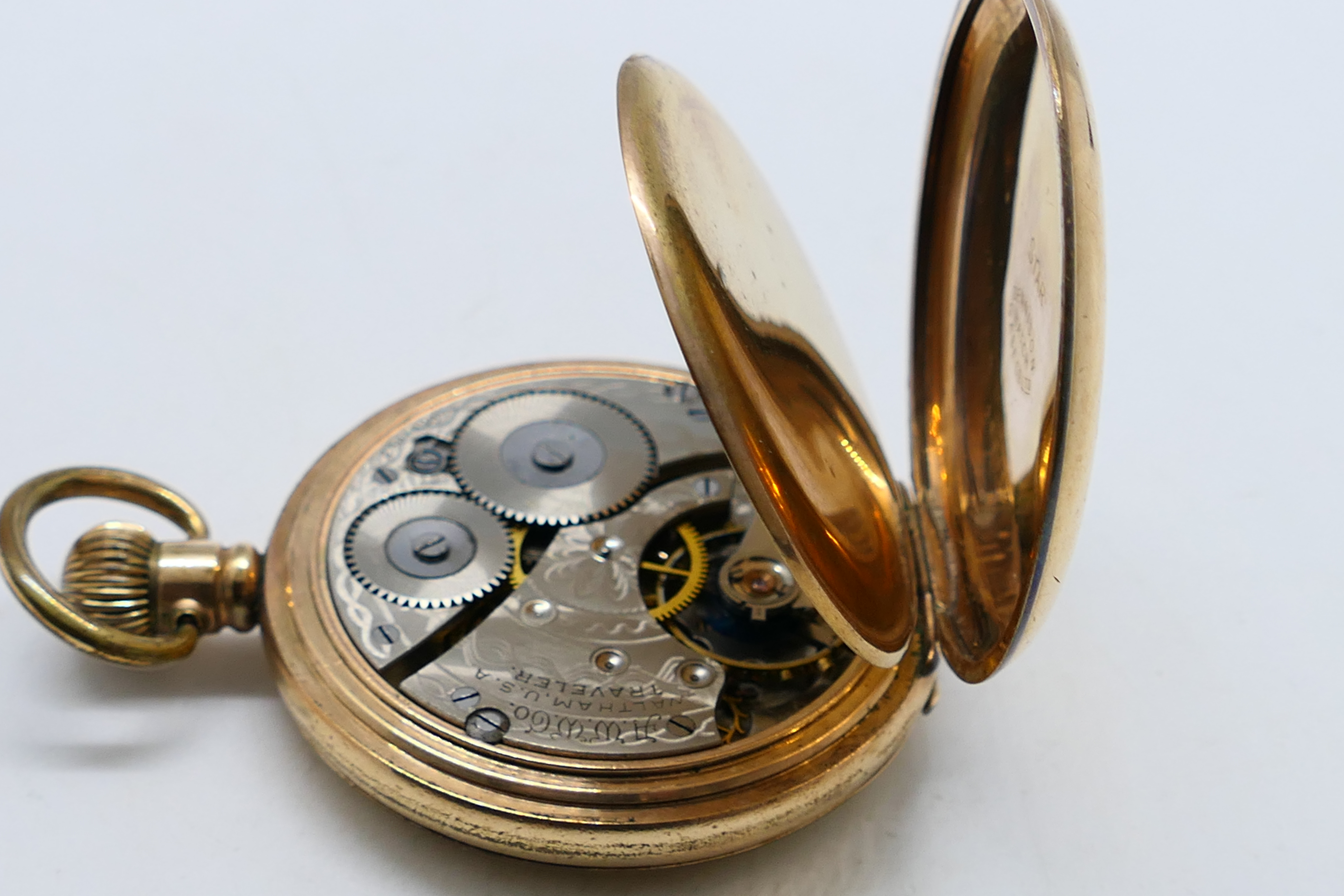 A gold plated full hunter Waltham pocket watch, Roman numerals to a white enamel dial, - Image 4 of 10