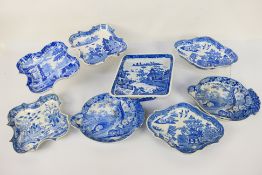 A group of 19th Century blue and white English pottery comprising a diamond shaped pedestal bowl