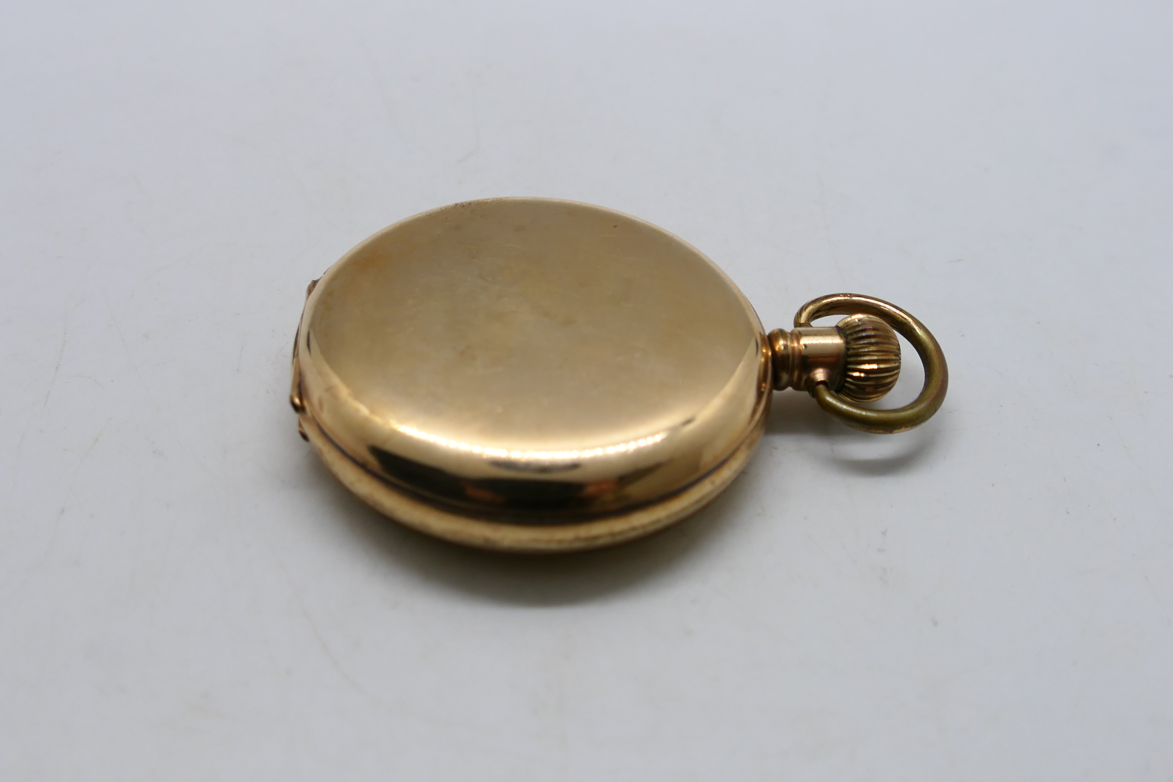 A gold plated full hunter Waltham pocket watch, Roman numerals to a white enamel dial, - Image 9 of 10