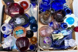 Two boxes of predominantly coloured glass items. [2].