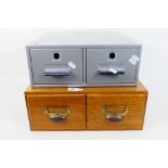 A vintage wooden two drawer card index file and a similar metal example,