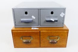 A vintage wooden two drawer card index file and a similar metal example,