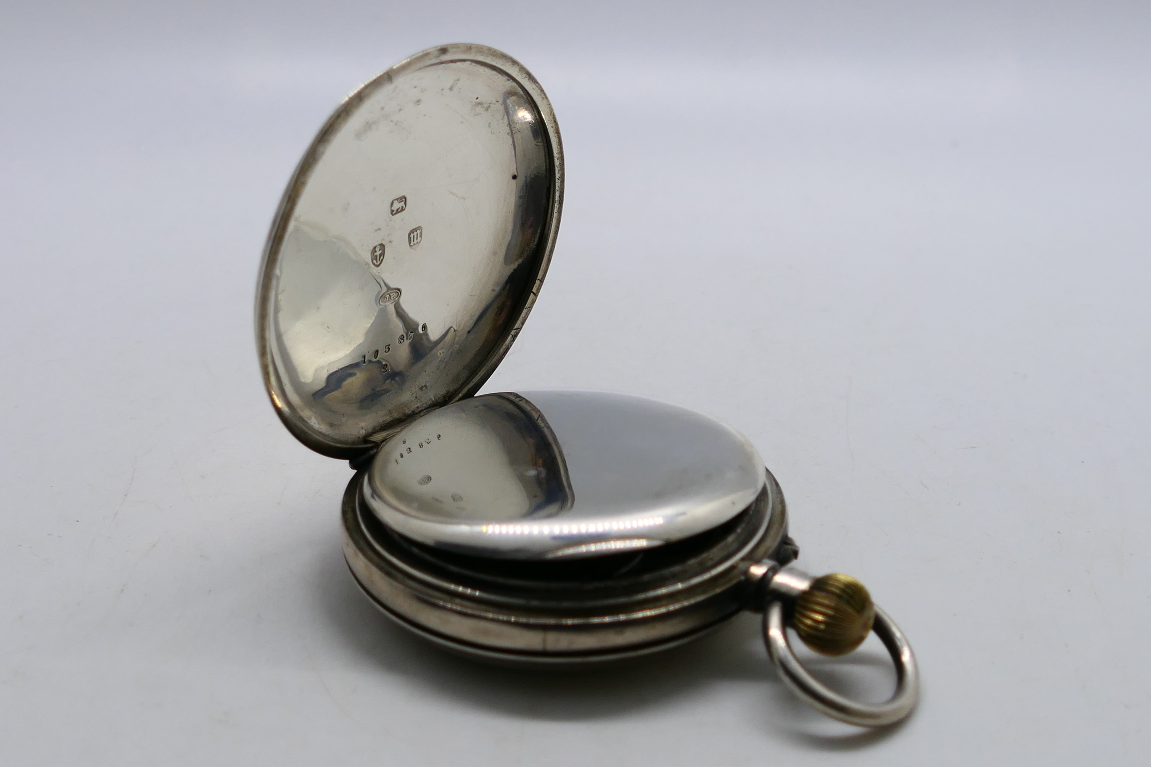 A Victorian silver half hunter pocket watch with Roman numerals to a white enamel dial, - Image 5 of 8